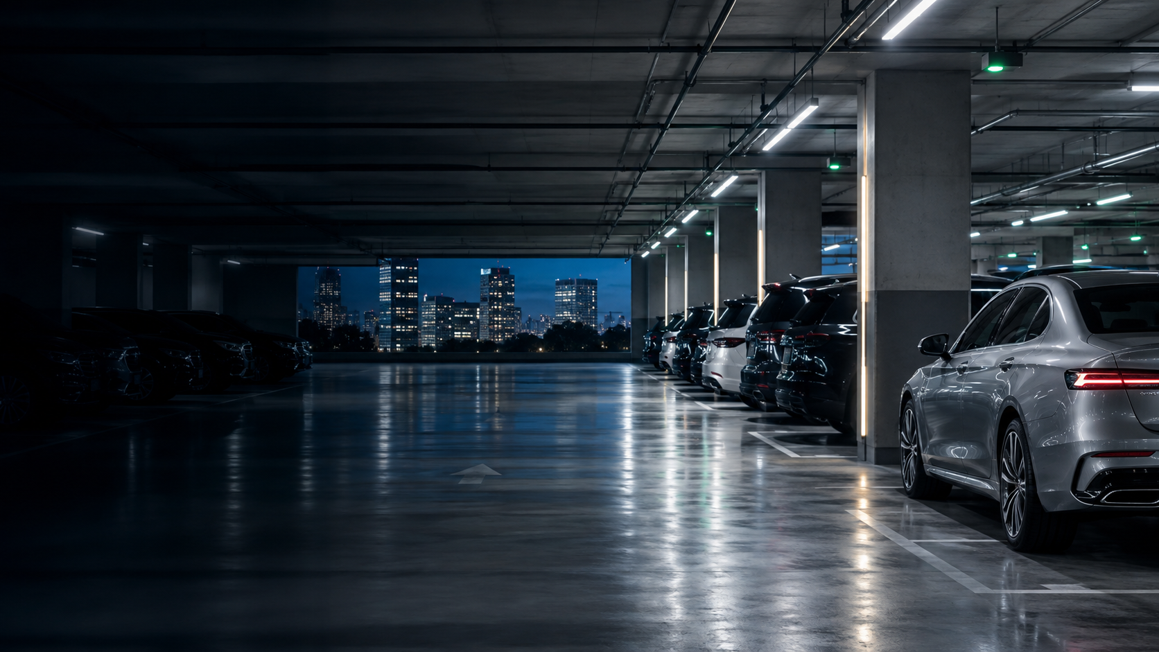 Modern covered parking garage at night